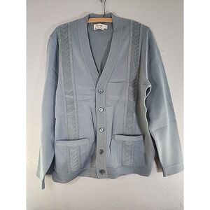 Vintage St. Croix Knits Suede & Wool Light Blue Grandpa Sweater Cardigan Size Lg